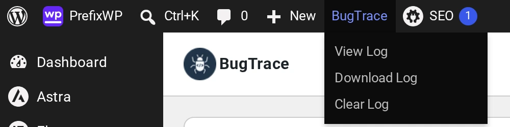 The BugTrace menu in the admin bar with View Log, Download Log and Clear Log