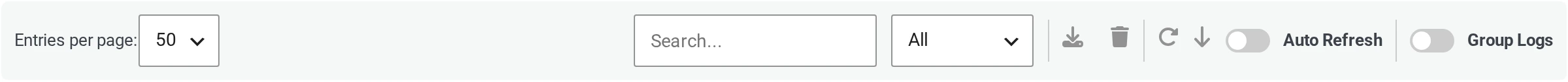 The Logs toolbar: Entries per page, Search, type filter, Download Log, Clear Log, Refresh, Jump to newest entries, Auto Refresh and Group Logs