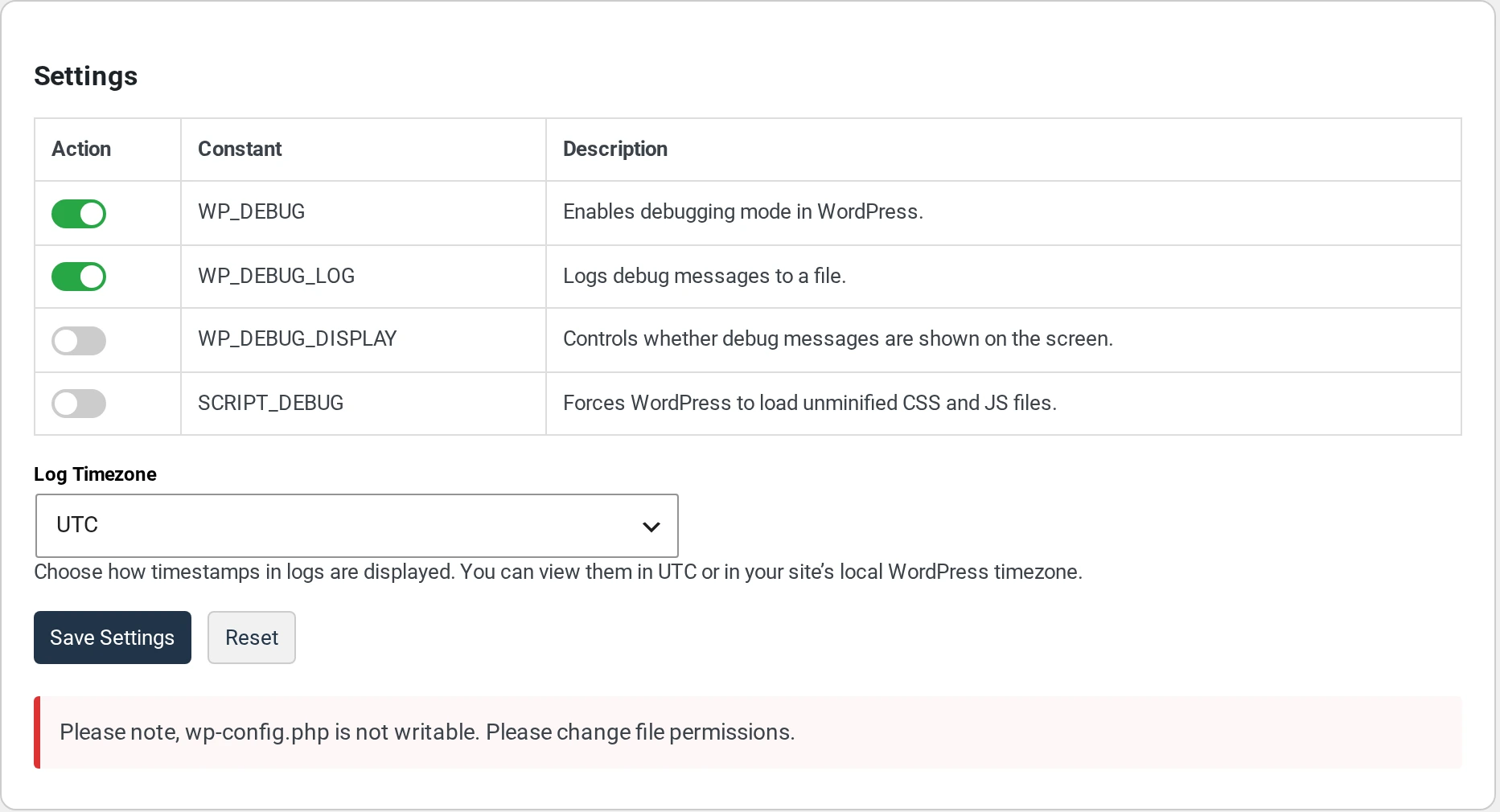 The BugTrace Settings page with a red message: Please note, wp-config.php is not writable. Please change file permissions.