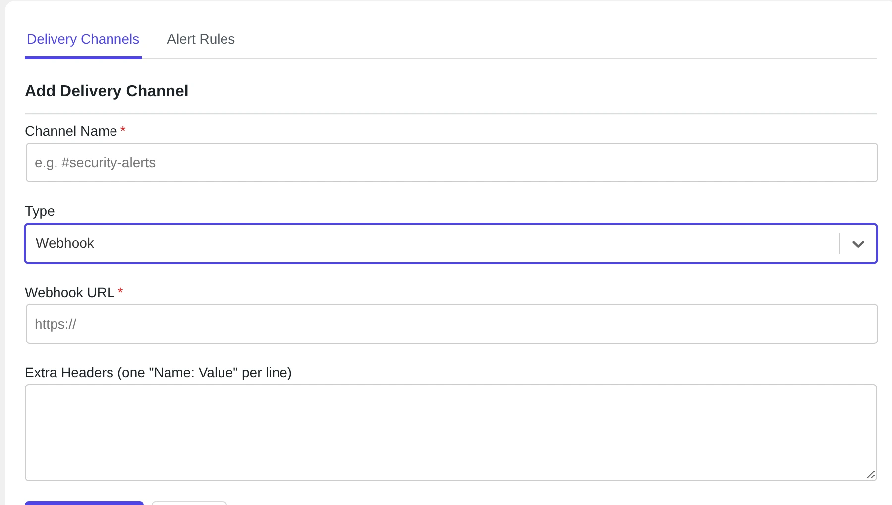 The Add Delivery Channel form for Webhook with Webhook URL and Extra Headers