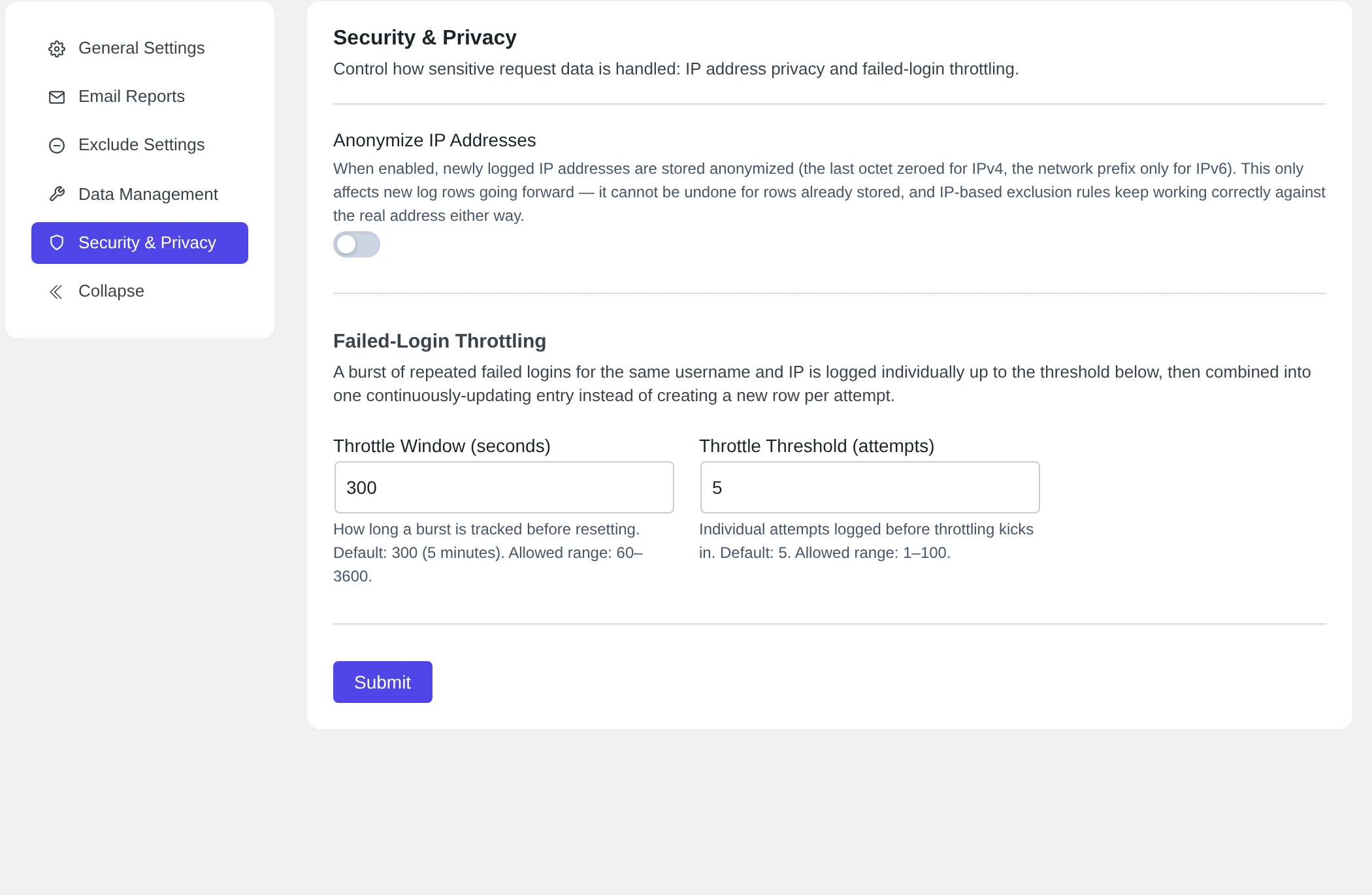 The Security & Privacy tab with Anonymize IP Addresses and Failed-Login Throttling: Throttle Window (seconds) 300 and Throttle Threshold (attempts) 5